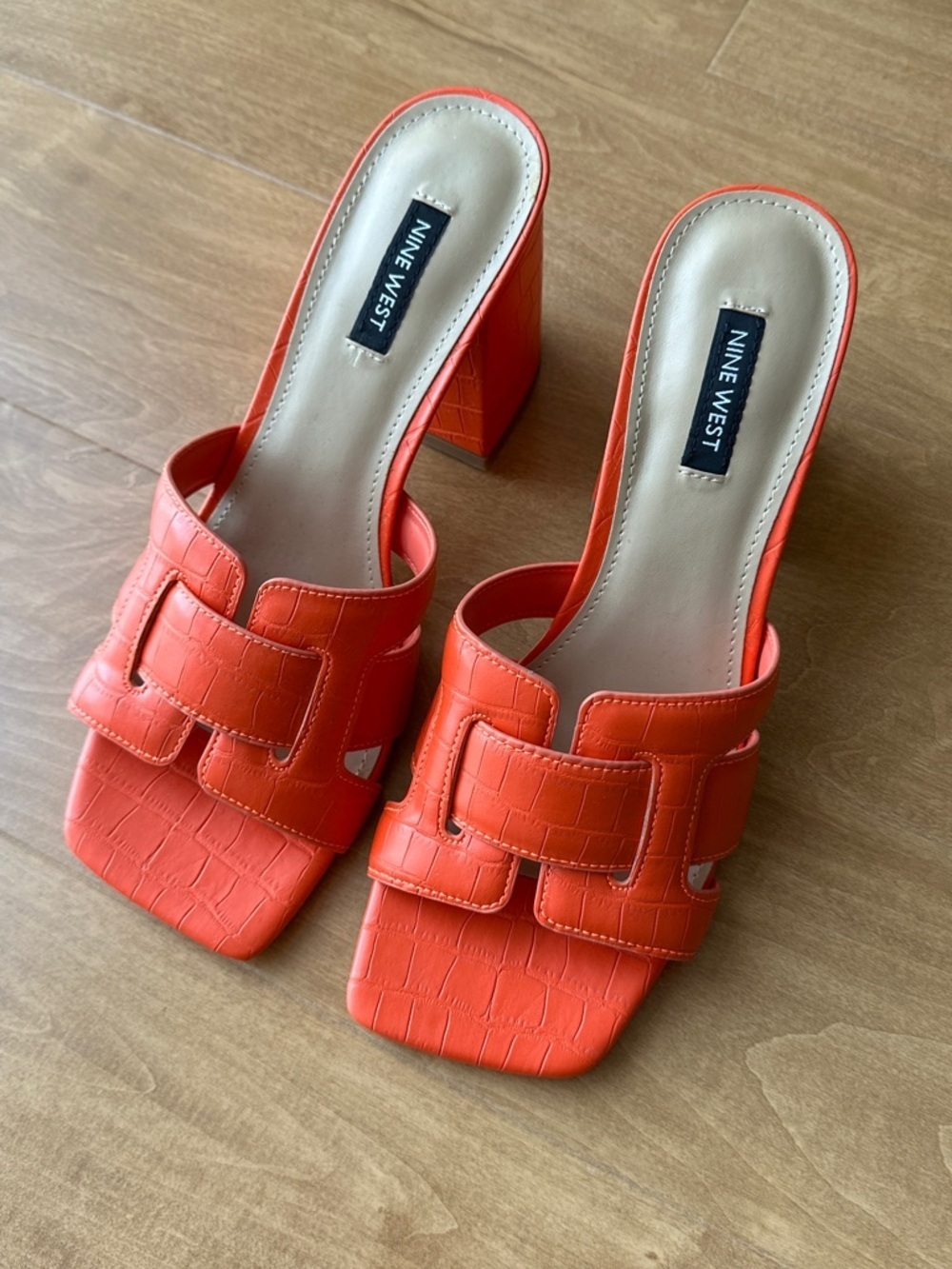 Nine West Women’s Kaelyn Square Toe Slip On Heel Sandals, Dark Orange, Size 8.5